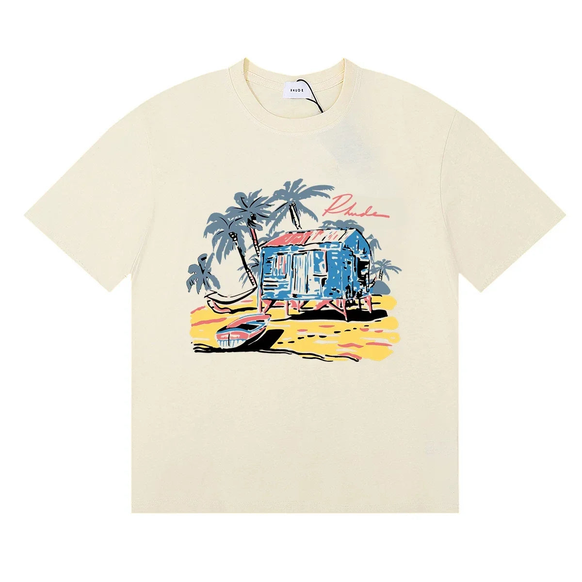Rhude Tropical Beach Hut Palm Tree Retro Cream Oversized T‑Shirt